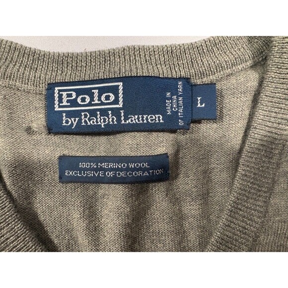 Polo Ralph Lauren Mens Gray Merino Wool Pullover V Neck Preppy Sweater Sz L - Picture 7 of 9